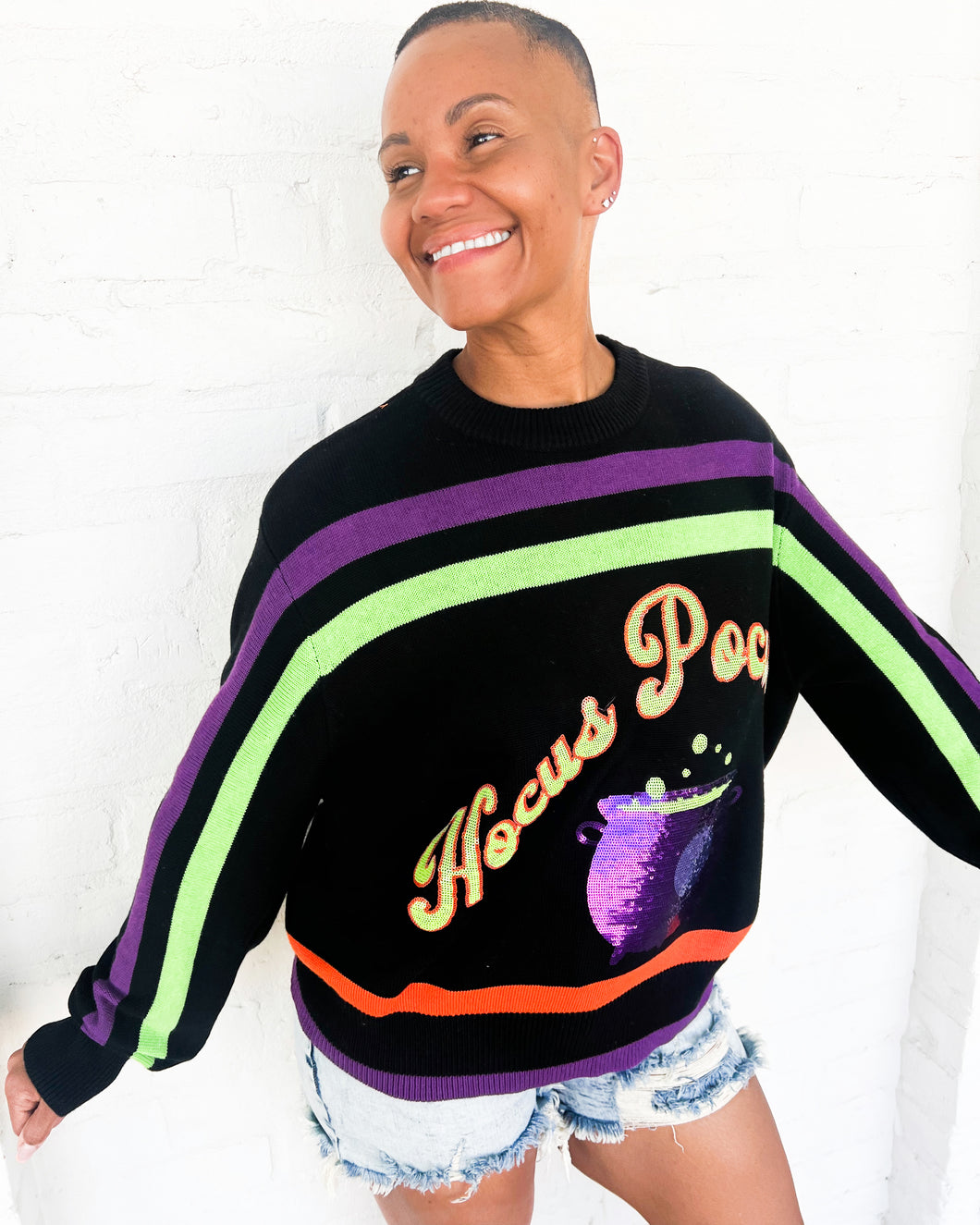 Queen of Sparkles Hocus Pocus Sweater - Black Halloween Knit Top with Sequin cauldron 