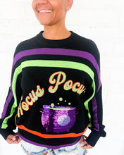 Load image into Gallery viewer, Queen of Sparkles Hocus Pocus Sweater - Black Halloween Knit Top with Sequin cauldron 