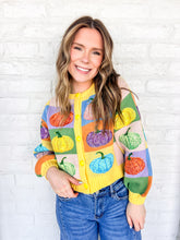 Load image into Gallery viewer, Queen Of Sparkles Pastel Pumpkin Cardigan with sequin pumpkins and pastel checkered pattern
