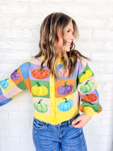 Load image into Gallery viewer, Queen Of Sparkles Pastel Pumpkin Cardigan with sequin pumpkins and pastel checkered pattern