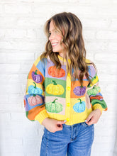 Load image into Gallery viewer, Queen Of Sparkles Pastel Pumpkin Cardigan with sequin pumpkins and pastel checkered pattern