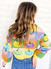 Load image into Gallery viewer, Queen Of Sparkles Pastel Pumpkin Cardigan with sequin pumpkins and pastel checkered pattern