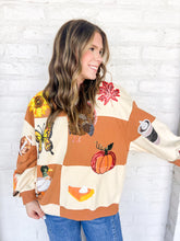 Load image into Gallery viewer, Queen Of Sparkles Checkered Fall Icon Sweatshirt with sequin icons of fall colors, pumpkin pie, butterfly and footballs