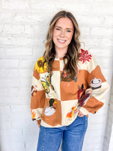 Load image into Gallery viewer, Queen Of Sparkles Checkered Fall Icon Sweatshirt with sequin icons of fall colors, pumpkin pie, butterfly and footballs