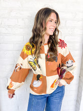 Load image into Gallery viewer, Queen Of Sparkles Checkered Fall Icon Sweatshirt with sequin icons of fall colors, pumpkin pie, butterfly and footballs