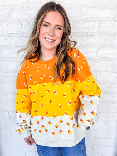 Queen Of Sparkles Orange Colorblock Candy Corn Sweatshirt with sequin beaded candy and yellow, cream and orange color blocking