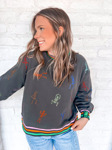 Queen Of Sparkles Charcoal Skeleton Striped Sweatshirt with multi color sequin dancing skeletons