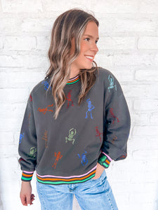 Queen Of Sparkles Charcoal Skeleton Striped Sweatshirt with multi color sequin dancing skeletons
