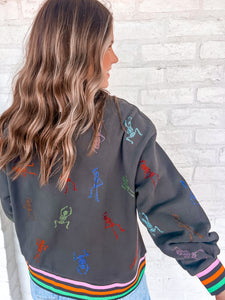 Queen Of Sparkles Charcoal Skeleton Striped Sweatshirt with multi color sequin dancing skeletons