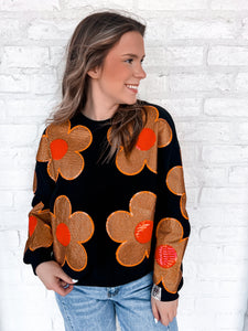 Queen Of Sparkles Orange and Black Oversized Flower Sweatshirt with deep burnt orange and poppy red sequin center flowers