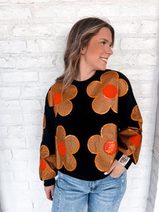Queen Of Sparkles Orange and Black Oversized Flower Sweatshirt with deep burnt orange and poppy red sequin center flowers