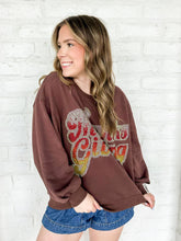 Load image into Gallery viewer, Queen Of Sparkles Brown Rhinestone &#39;Thanksgiving&#39; Sweatshirt with ombre silver, white, red and yellow beaded rhinestones in a classic crew neck