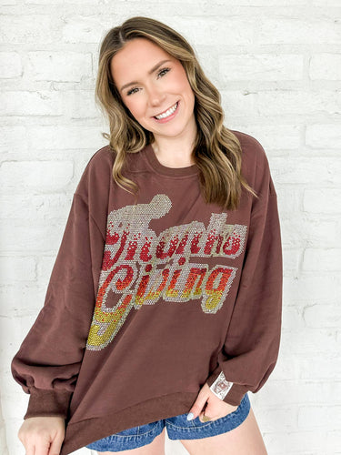 Queen Of Sparkles Brown Rhinestone 'Thanksgiving' Sweatshirt with ombre silver, white, red and yellow beaded rhinestones in a classic crew neck