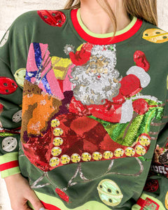 Queen Of Sparkles dark green Santa sleigh Christmas sweatshirt