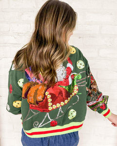 Queen Of Sparkles dark green Santa sleigh Christmas sweatshirt
