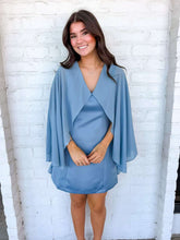 Load image into Gallery viewer, Wrap Me Up Blue Cape Satin Dress