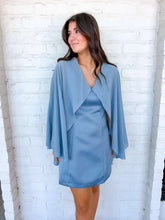 Load image into Gallery viewer, Wrap Me Up Blue Cape Satin Dress